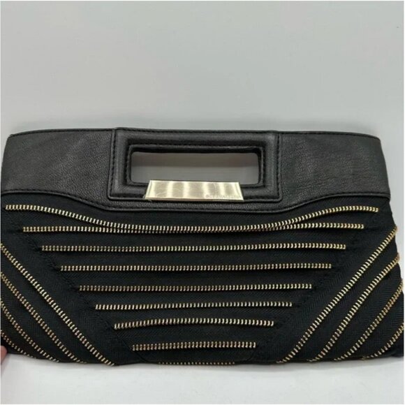 BCBGMaxAzria Black Clutch Genuine Leather Trim Elegant Gold Zipper Design - Picture 1 of 11